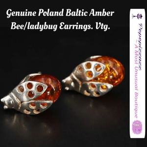 GENUINE BALTIC AMBER BEE 🐝 / LADYBUG 🐞 vtg earrings. Sterling silver. 925